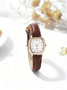 Relógio Feminino Elegante De Quartzo Clássico Quadrado Marrom Pulseira De Couro Relógios De Moda - Castanho - Visão 1