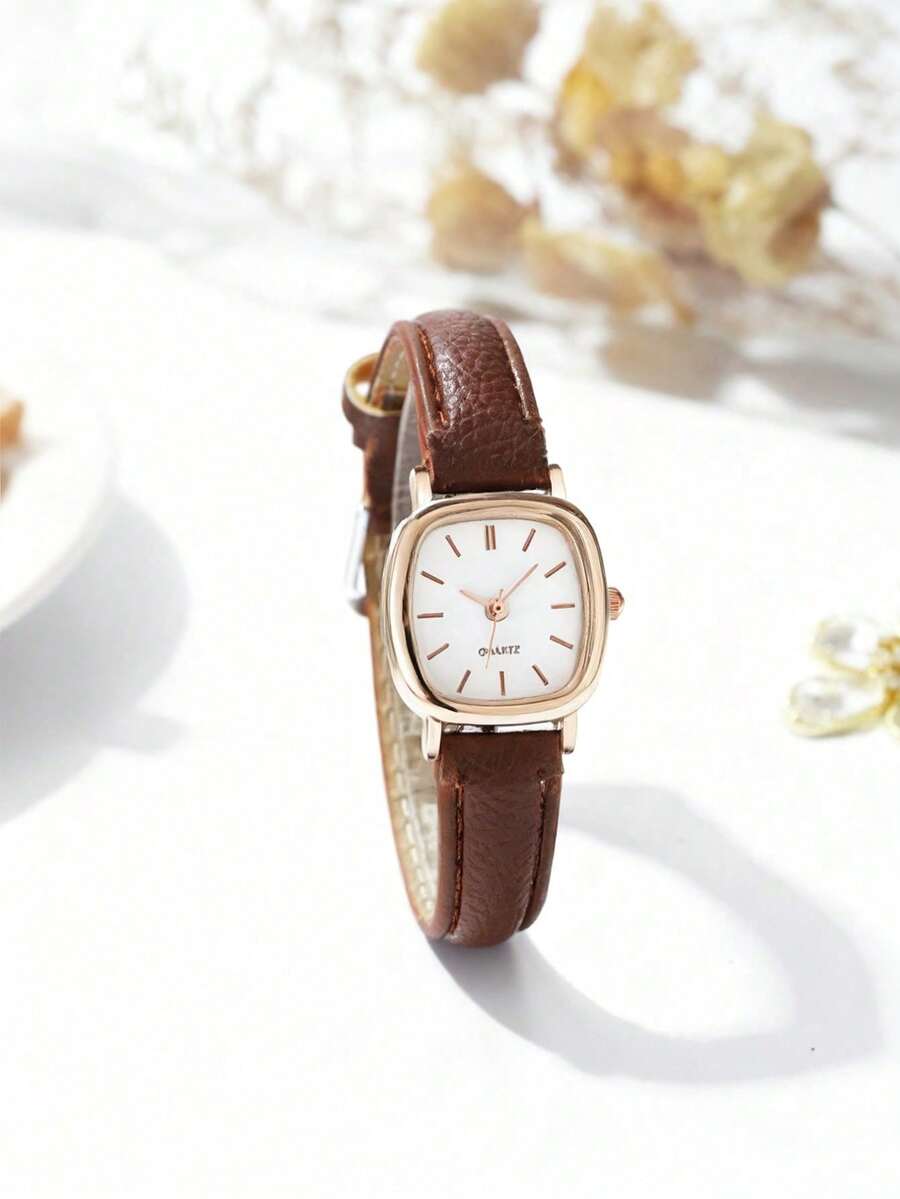 Relógio Feminino Elegante De Quartzo Clássico Quadrado Marrom Pulseira De Couro Relógios De Moda - Castanho - Visão 1