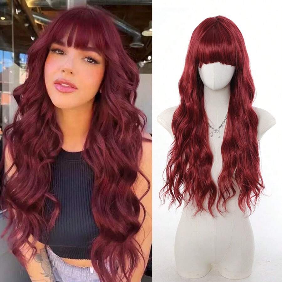 欧美风卷发假发，带刘海，长款合成纤维全头假发，女士款 - 彩色 - 查看 1