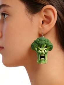 1 Pair Abstract Cartoon Green 2D Broccoli Acrylic Earrings, Angry Vegetable, Quirky & Soulful - Green - View 1