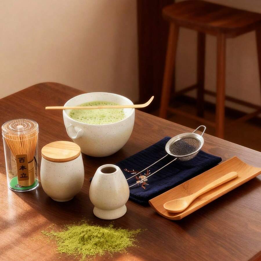 MYVIT 9件套抹茶茶具，包括日式陶瓷抹茶碗、抹茶筅、竹制抹茶筅架、勺子、茶叶罐、竹制托盘，手工抹茶仪式套装，礼盒包装，适合送礼、节日，可重复使用，日常必备 - 白色 - 查看 1
