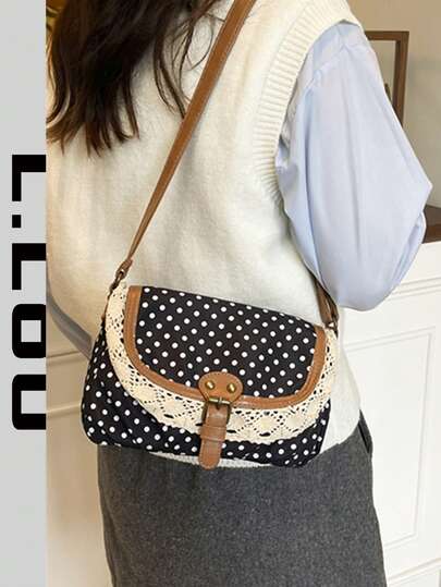 Lace Trim Decor Flap Cover Women's Bag, Polka Dot Pattern Contrast Color Women's Messenger Bag, New Spring/Summer Small Square Bag, Dot Casual Versatile Shoulder Crossbody Bag, Fashion Women Handbag