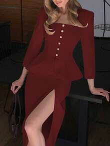 两件套魅力套装，法式优雅日常通勤商务精致复古风约会装：收腰七分袖方领上衣 + 直筒铅笔中长裙，精致通勤套装 - 紅色 - 查看 1