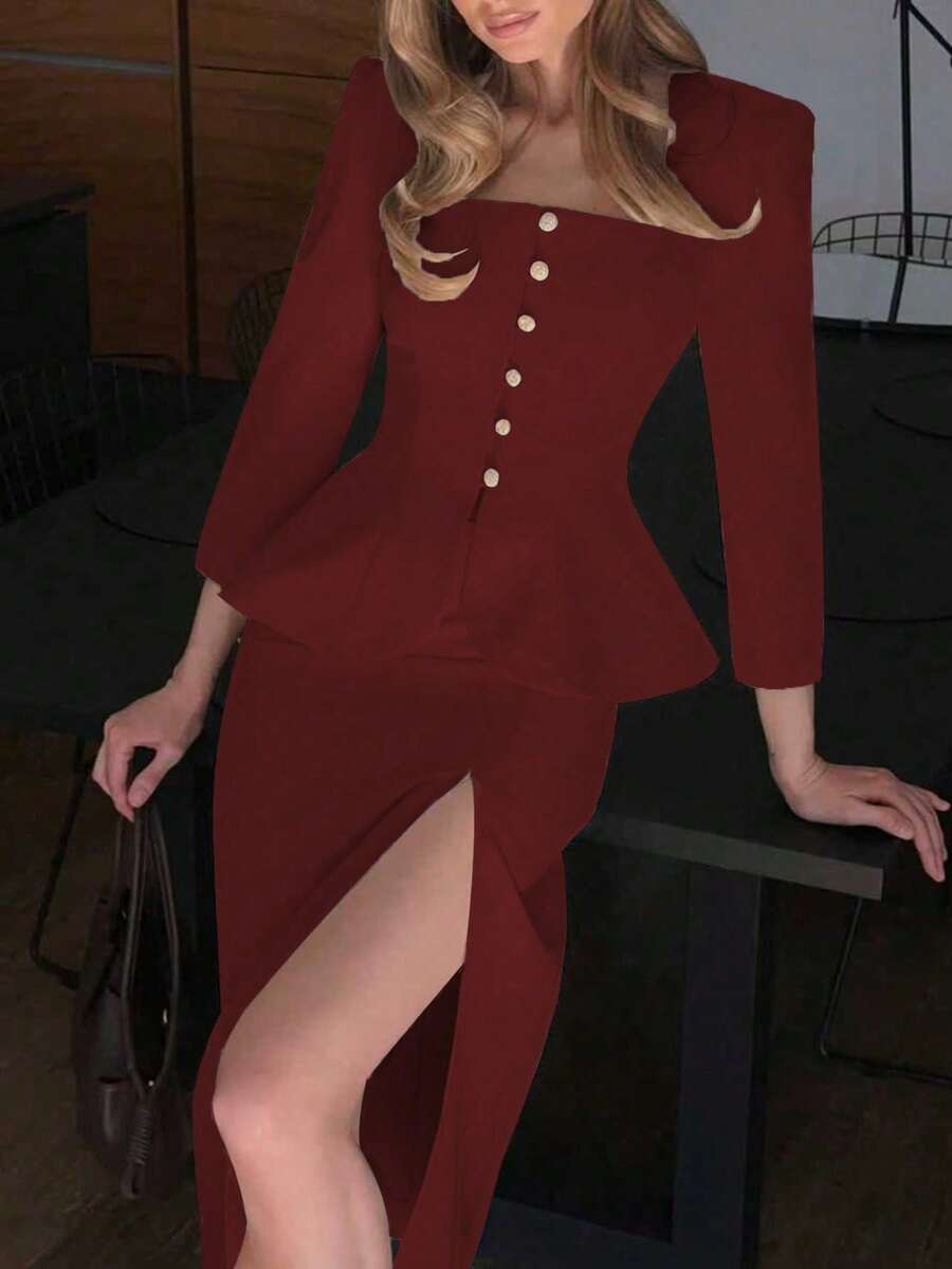 两件套魅力套装，法式优雅日常通勤商务精致复古风约会装：收腰七分袖方领上衣 + 直筒铅笔中长裙，精致通勤套装 - 紅色 - 查看 1