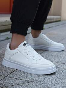 Platform Sneakers For Men, White Chunky Sole Skate Shoes, Low Top Casual Lace Up - Unique Gift For Teen Boys, Skate Shoes For Street Style - 白色 - 查看 2