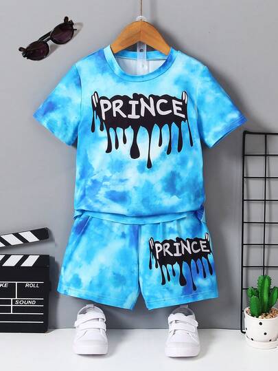2pcs/Set Boys' Casual Tie-Dye Letter Print Round Neck Short Sleeve T-Shirt And Shorts, Summer