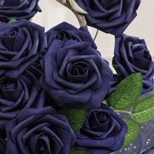 25/50pcs Navy Blue Artificial Foam Roses With Stems - Perfect For DIY Wedding Decor, Bouquets, Party Table Arrangements And Home Decoration, Packed In OPP Bag, With 2 Leaves - Dark Blue - View 2