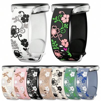 Floral Band Compatible With Samsung Galaxy Watch 7 Band/FE 6 5 4 40mm 44mm,Galaxy Active 2, 20mm Watch Band Engraved Cute Flower Soft Silicone Inlay Replacement Strap Dressy Accessories Women