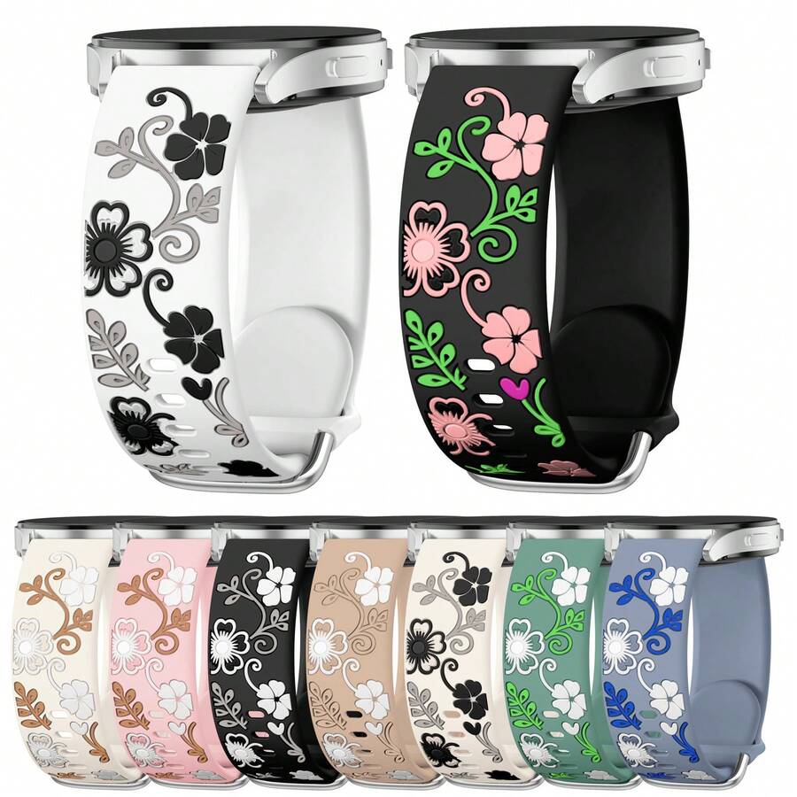 适用于三星 Galaxy Watch 7/FE 6 5 4 40mm 44mm、Galaxy Active 2 的花卉表带，20mm 表带，刻有可爱花朵图案，柔软硅胶材质，替换表带，时尚配饰，女士款 - 20mm - 查看 1