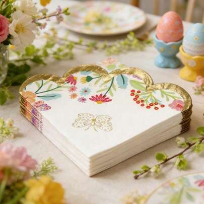 20/40/60pcs Spring Floral Butterfly Golden-Embossed Napkins With Ruffled Edges Disposable Elegant Cocktail Napkins For Birthday BabyShower Spring Tea Party Decorations Wedding Decorations
