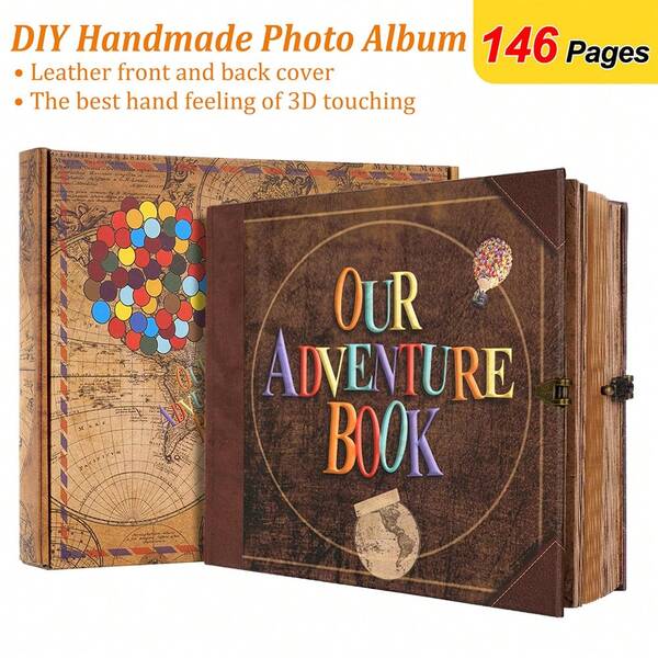 OUR ADVENTURE BOOK Brown Photo Album Scrapbook, 146 Pages, 3D Vintage Embossed Letter Balloon Style Diary Memory Book, Magnetic Page Album, Beautiful Desktop Decoration, Ideal Christmas And Valentine's Day Gift