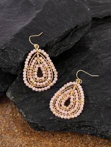 Opalesca 1 Pair Handmade Beaded Glass Bead Teardrop & Round Earrings, Vintage Bohemian Style, Multi-Color Options (Gray, Black, Green, Pink, White, Orange, Purple, Champagne), Luxury Quality, Suitable For Daily, Vacation, Party, Gift - Baby Pink - View 4