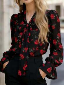 女士优雅长袖系领印花红色花朵常规衬衫，梭织面料 - 黑紅色 - 查看 5