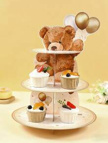 一套棕熊主题派对多层蛋糕架，可爱棕熊造型一次性纸杯蛋糕展示架，适用于性别揭晓派对、生日派对桌面装饰、棕熊主题派对用品 - 棕色小熊 - 查看 7
