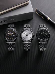 RICECGO 男士经典石英钢表带腕表，带日历显示，适合日常佩戴、商务场合，高端精致礼品。