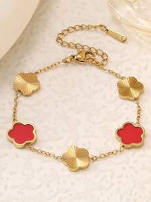 1pc Stainless Steel Fashionable Luxury New Titanium Steel 5-Petal Flower 18K Gold Plated Mother Of Pearl Inlay Dual-Tone Bracelet For Women