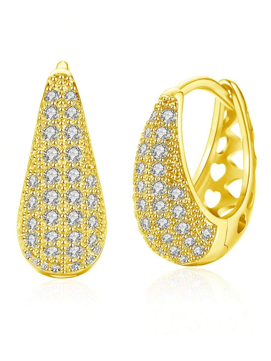 925纯银耳环，低过敏性立方氧化锆圈形耳环，经典时尚日常佩戴，生日礼物 - 金黃色 - 查看 1