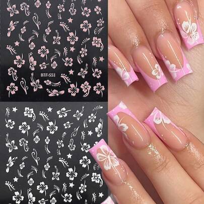2pcs 3D Hibiscus Flower Nail Stickers Summer Decor Pink White Flowers Nail Decals Tropical Leaves Sliders Manicure Foils