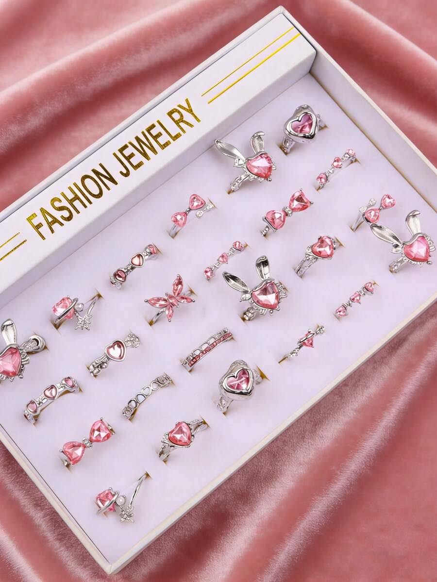 10件/套 时尚Y2K粉色水钻女孩戒指套装 可爱蝴蝶结手指饰品 派对日常朋友礼物配饰