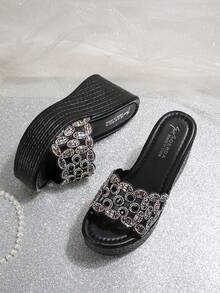 女士蝴蝶结装饰厚底坡跟拖鞋，轻便露趾凉鞋，适合沙滩、休闲和户外活动 - 黑色 - 查看 3