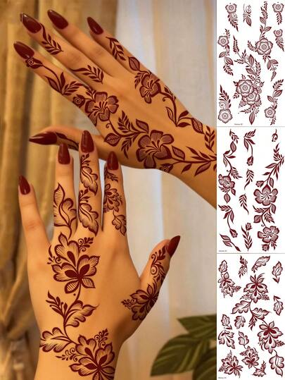 3 st. tillfälliga tatueringsklistermärken med måne- och blommönster i vinröd - Manhaiti Design kroppskonsttatueringar, lämpliga för fester och festivaler