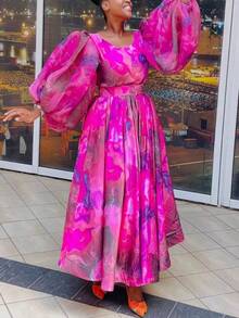 Women's Elegant Floral Print Maxi Dress - Ankle-Length Boho Casual Long Dress - Hot Pink - View 3