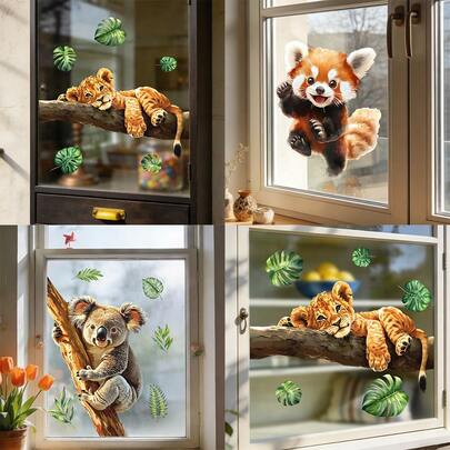 1/3pcs Wild Animal Window Clings, Cute Lion Koala Raccoon Glass Stickers, Double Sided Static Decals Anti Collision, Waterproof Removable Mural For Home Living Room Bathroom Sliding Door Decor.