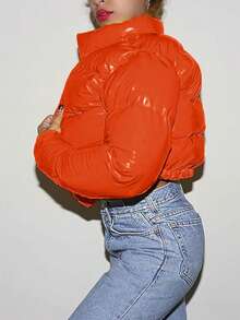 Women's Winter Stand Collar Cropped Coat,Shiny PU Puffer Jacket,  Quilted Oversized Padded Outerwear For Street Style - 深橙色 - 查看 3