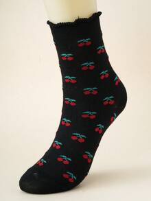 1/4 双装樱桃图案翻边中筒袜，女士可爱简约甜美风格薄袜，透气吸湿，时尚日常通勤休闲运动袜 - 彩色 - 查看 10