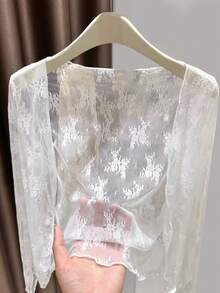 New Lace Sheer Lightweight Cardigan, See-Through Sun Protection Shawl, Gentle Breeze Outerwear, Crop Top Spring Casual White - White - View 4