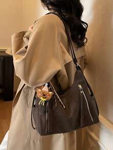 新款女士手提包，大容量通勤小众设计单肩包，休闲百搭简约时尚斜挎包，舒适PU材质，纯色设计，拉链闭合，可调节长肩带，多功能大容量背包，线上热门带吊坠手提包 - 咖啡 - 查看 5