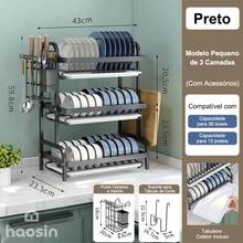 3 Camadas 43CM Organizador Multifuncional de Cozinha 1 Peça Preto 43cm - Suporte Palitos Tabua Corte Prato Drenagem Otimiza Espaço Balcão Presente Festivo - Preto - Visão 2
