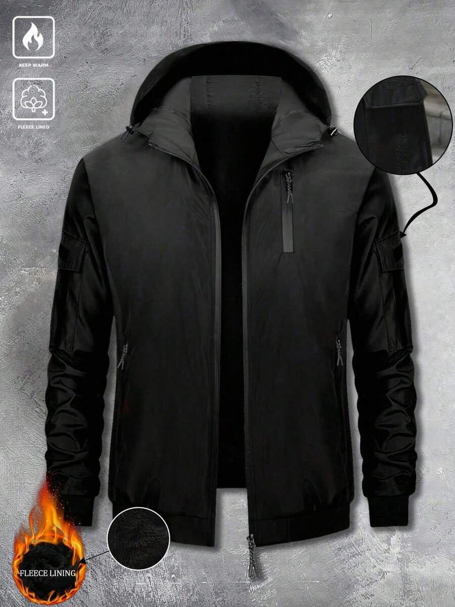 Veste à capuche casual outdoor à poches multiples avec doublure en peluche, cadeau pour la fête des pères - Noir - Voir 1