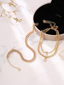 3pcs Layered Women Anklets, Mixed Lock & Key Pendant Chain Design, Vintage Elegant Casual Chic Vibe - Yellow Gold - View 6