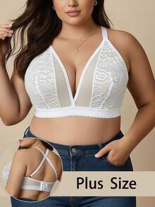 大码女士白色内衣，法式浪漫蕾丝深V性感网纱无钢圈舒适文胸，四季皆宜 - 白色 - 查看 4