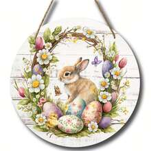 2D Décoration de Pâques en bois à suspendre (produit plat), conçue avec un lapin, une couronne et divers éléments floraux, formant une délicate décoration murale/de porte circulaire pour les fêtes de Pâques. - Multicolore - Voir 3