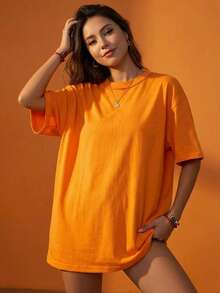 Women's Loose Long Solid Color Round Neck Short Sleeve T-Shirt, Minimalist, Suitable For Spring/Summer Everyday Wear Casual - Orange - View 6