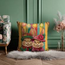 1件复古兔子印花抱枕套，45厘米 x 45厘米/18英寸 x 18英寸，复活节风格装饰抱枕套，100%涤纶，手洗，拉链封口，适用于客厅、卧室、沙发、床、户外装饰，不含枕芯 - 彩色 - 查看 2