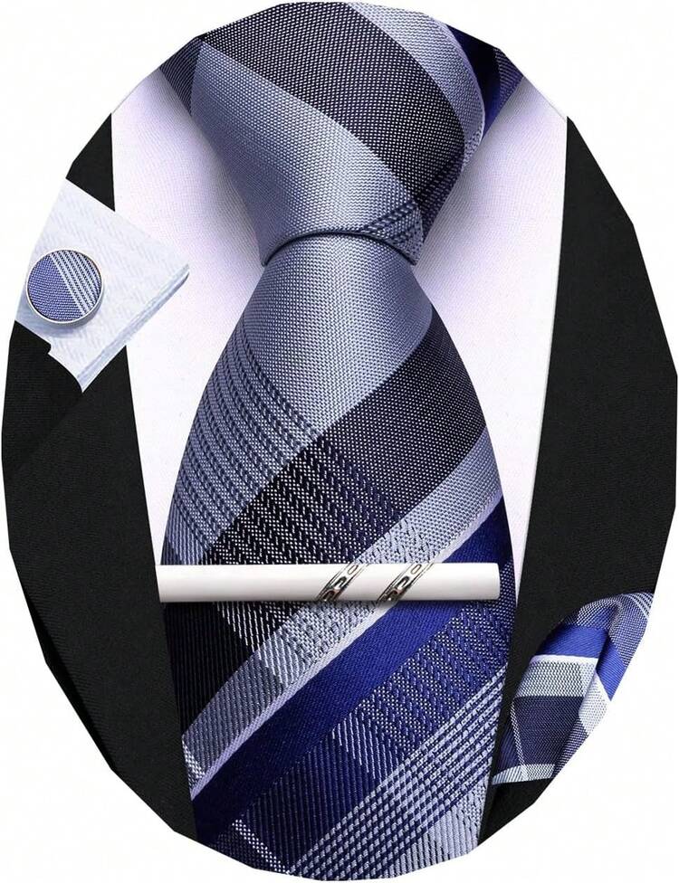 Barry.Wang Men's Classic Tie Set, Woven Tie With Handkerchief And Formal Cufflinks - Azul bebé - 查看 3
