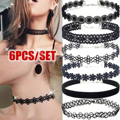 6件套天鹅绒颈链套装，哥特性感蕾丝纹身风格，可调节长度，适合日常和派对佩戴，四季皆宜的合成纤维颈链