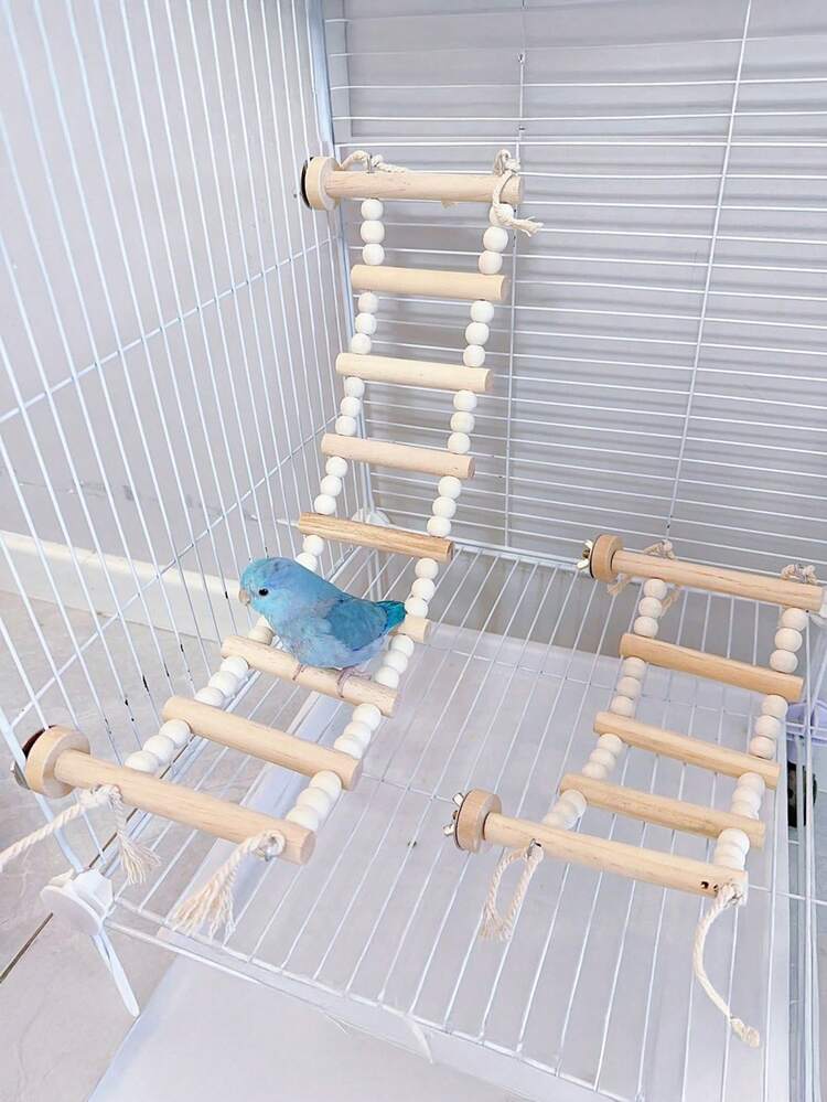 1pc Parrot Rope Climbing Ladder Rotating Perch Wooden Rope Bridge Stand, Educational Bird Supplies, Bird Cage Accessories, Parrot Toy - Rope Ladder - View 1