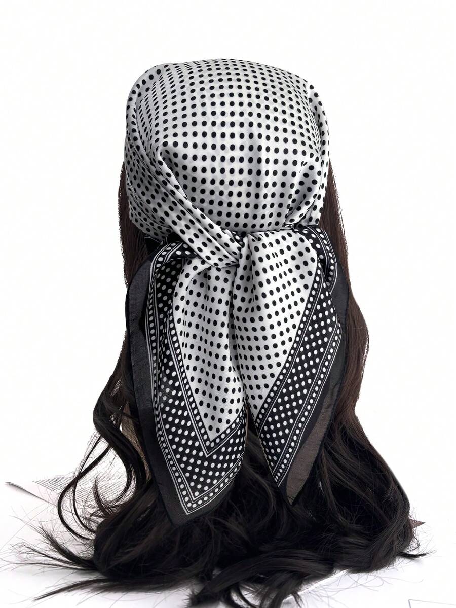 1pc Women's Elegant Vintage Polka Dot Printed Thin Style Satin Square Faux Silk Scarf,Boho Vintage Casual Women's Neck Scarf,Shawl,Light And Thin Comfortable Women's Bandana,For Daily Wear And Outing In Spring And Summer - White - View 1
