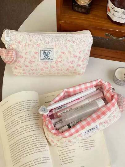 1pc Large Capacity Lace Floral Pencil Case, Cute Lace Floral Stationery Pen Holder, Student Desk Organizer, Detachable Makeup Cosmetic Bag, High-Quality Creative Stationery Box, Organizing Essential