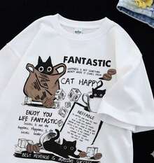 Women's Basic Cotton T-Shirt Cat Fantastic Happy Shirt 100% Cotton Premium Line - White - View 2