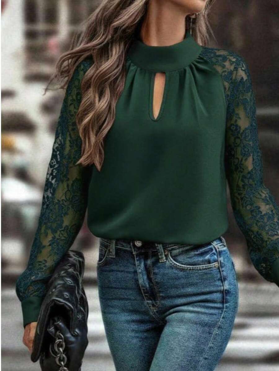 Woman Lace Sleeve High Neck Blouse – Elegant Transparent Floral Mesh Top - Green - View 1