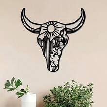 波西米亚长角牛壁饰 - 铸铁金属雕塑，饰以花卉图案，易于悬挂，适用于客厅、卧室、办公室，或作为完美的乔迁礼物，客厅装饰 | 波西米亚风格 - 黑色 - 查看 10