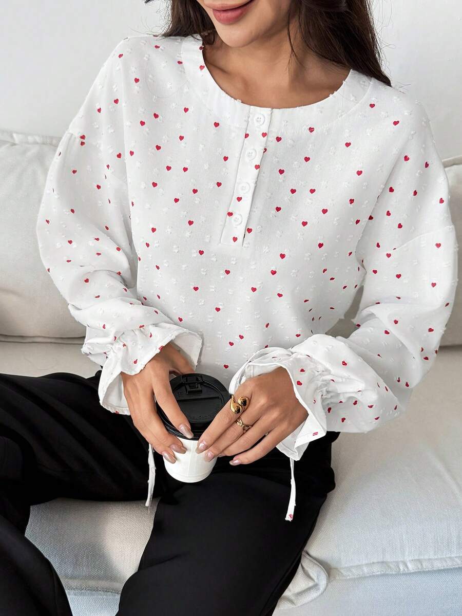 Women's Casual Elegant Textured Heart Print Loose Tie-Front Ruffle Sleeve Blouse, Spring/Summer