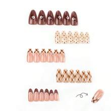 30 Pcs Cute Bear Heart Pattern False Nails - Medium Ballet Shape, Glossy Effect, Mixed Colors (Beige, Brown, White) Includes Jelly Glue And Nail File, Beauty Accessories, Fantasy Pattern, Durable Stickers,Adorable Bear-Shaped Nail Tips With Plaid & Polka Dot Designs, Brown French Manicure Bows - K180[30 件裝] - 查看 5