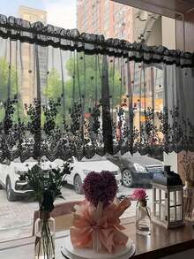 1pc New Elegant Black Single Layer Plum Blossom Jacquard Flat Valance Curtain, Suitable For Villa, Balcony, Living Room, Bedroom, Cafe, Small Window, Half Curtain - Black - View 9