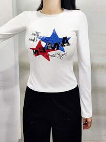 Round Neck Long Sleeve T-Shirt American Hot Girl, Spring And Autumn New Star Pattern And Letter Print, Women's Cropped Fitted Top - White - View 2